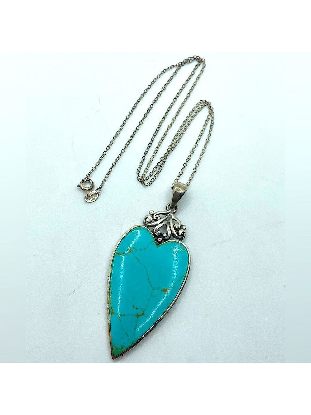 VTG Sterling Turquoise Heart Shaped Pendant w 925 Chain 18” + 2.5” 925 CFJ